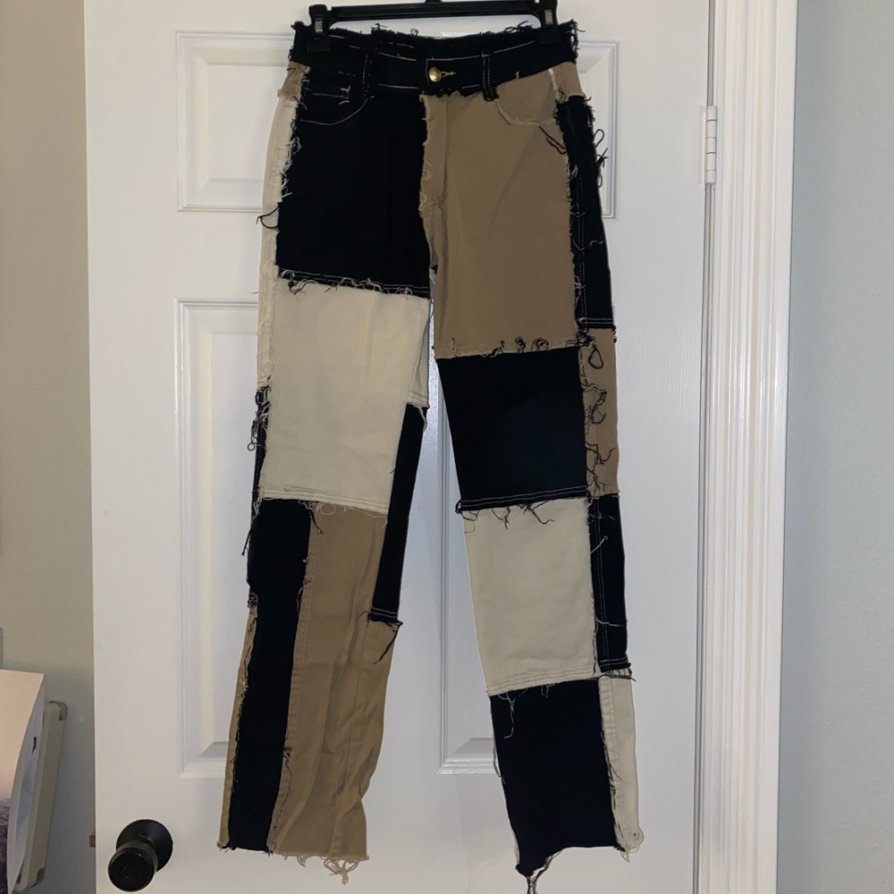 Patchwork Straight Leg Pants in Black, Khaki & Cream